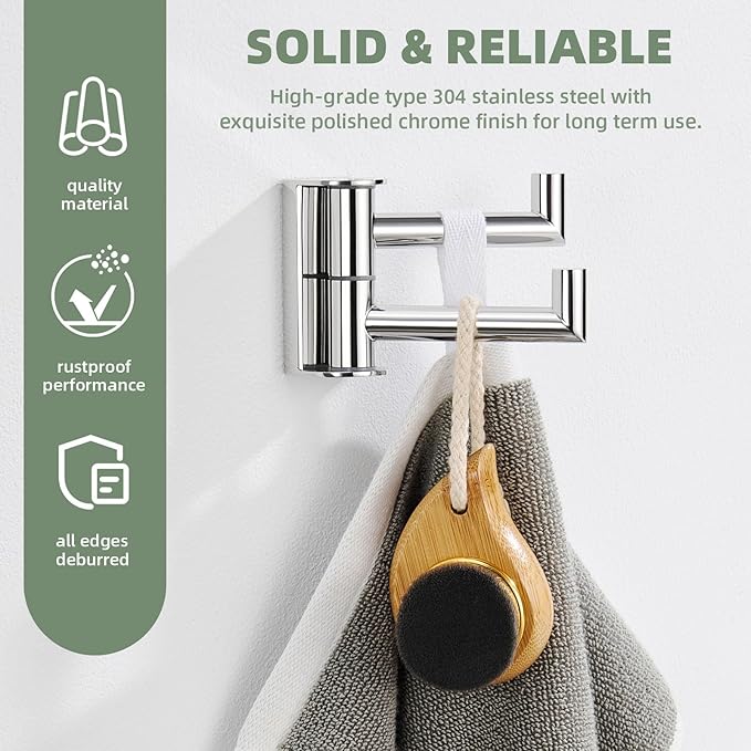 Angle Simple Swivel Robe Hook Polished Chrome, 304 Stainless Steel Bathroom Towel Double Hook for Wall