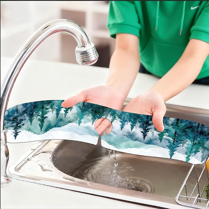 2 Pcs Kitchen Sink Splash Guard Faucet Mats Watercolor Forest Pattern Faucet Mat for Sinks Absorbing Drying Mat for Kitchen Bathroom, 23.6x5.5inch