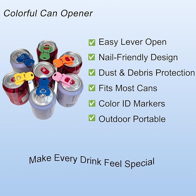 Soda Can Opener Set, 10PCS Easy Tab Opener and Drink Protector with Reusable Complete-Cover Plastic Can Toppers, Fits Coke, Beer & Aluminum Beverage Cans, 5 Colors Lids for Party, BBQ, Camping
