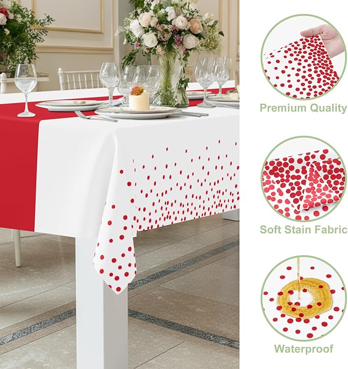 Smiry Plastic Table Cloth Disposable 3 Pack, 54 x 108 Inch Rectangle Waterproof Tablecloth, Printed Gold Table Runner Style for Birthday Weeding, Party Decorations, Leakproof & Sturdy, White and Red
