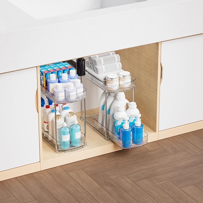 2 Pack Large Pull Out Bathroom Organizers and Storage,2 Tier 12.8″ Tall Sliding Kitchen Under Sink Organizer for Cleaning Products Storage,Acrylic Clear Bathroom inder Sink Organizer,Undersink Storage