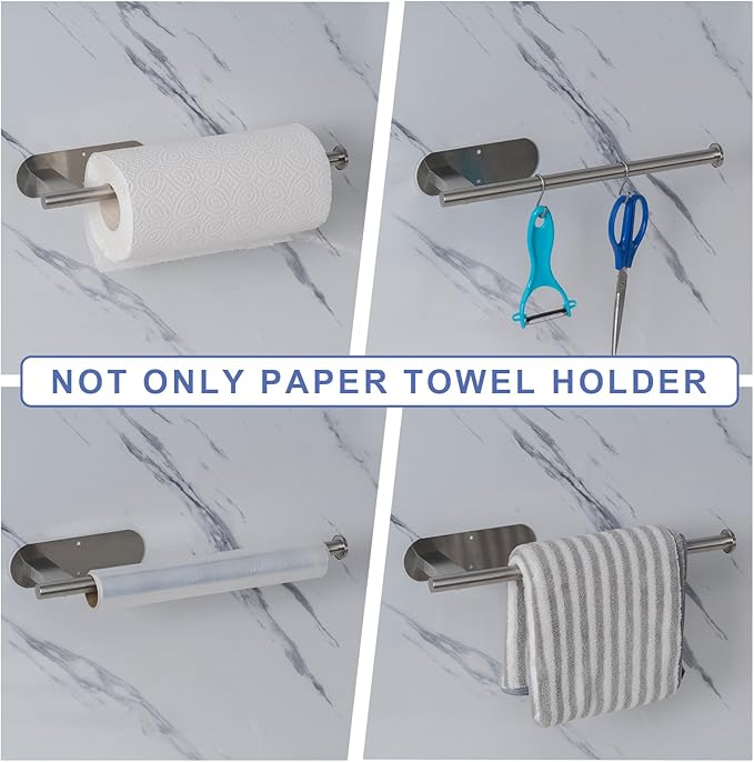 Honmein Paper Towel Holder, Upgrade SUS304 Stainless Steel Paper Towel Holder Under Cabinet, Bend-Resistant, Self-Adhesive or Drill mounting (Silver)