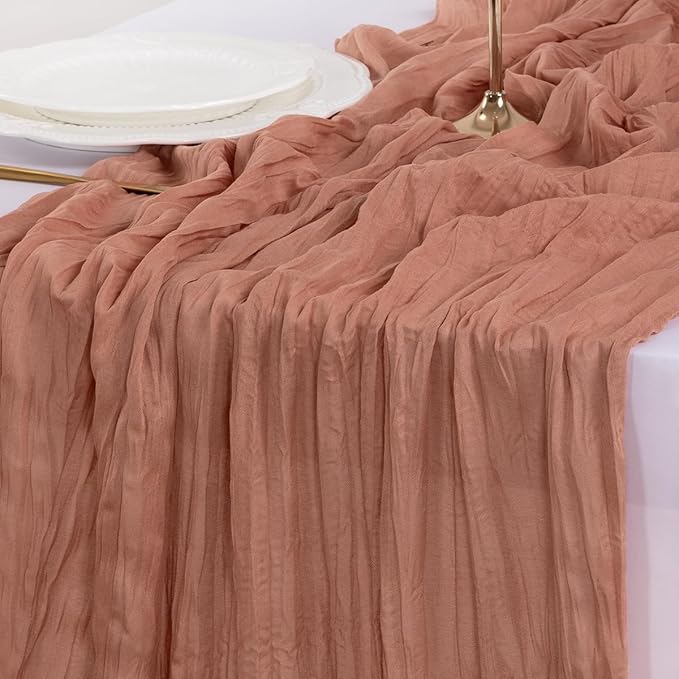Socomi Dusty Rose Summer Cheesecloth Table Runner Boho Rustic Gauze 120 inch 10FT Cheese Cloth Sheer Runner for Wedding Party Baby Shower Birthday Home Decor Holiday Decorations