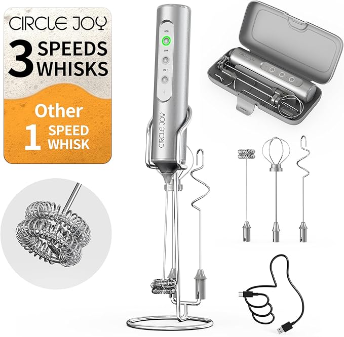 CIRCLE JOY Rechargeable Handheld Milk Frother Wand with Stand, 3 Variable Speeds, 3 Whisks and Storage Box, Electric Drink Mixer for Latte, Cappuccino, Hot Chocolate, Eggs and Protein Powder, Silver