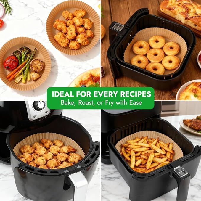 BYKITCHEN 300PCS Disposable Air Fryer Liners for Ninja AF141 5QT Pro AF181 6.5QT, Chefman 6 QT, Cosori 6QT &Other 5 to 8Qt Airfryer, 8 Inch Round Air Fryer Parchment Paper, Airfryer Basket Accessories
