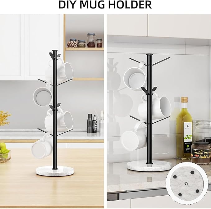 Gypie Marble Mug Holder Tree, 8 Hooks Coffee Cups Stand, New Upgraded Stable Mug Stand for Kitchen Counter Cabinet Cafe Black