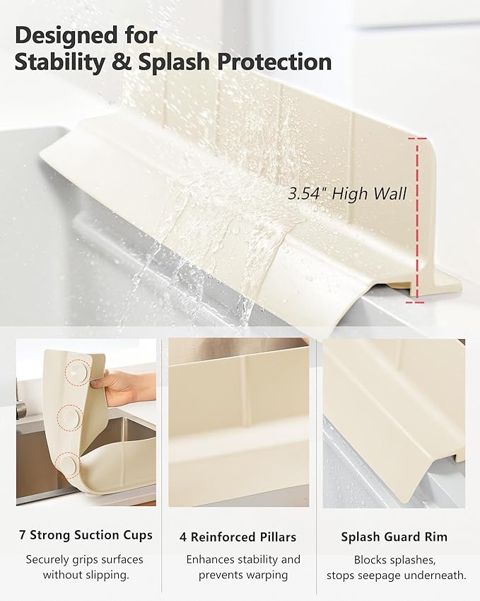 Kitchen Sink Splash Guard 18" Self-Draining Silicone Water Guard with High Splash Wall & Strong Suction Cups for Faucet, Countertop & Sink Edge, Keeps Sinks Dry, Dishwasher Safe,Cream