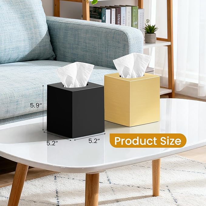 2 Pack Tissue Box Cover, Square Acrylic Tissue Holder, Decorative Facial Tissue Box Vessel Cube Paper Organizer Dispenser for Bathroom Office, Night Stand, Desk, Car, Vanity, Countertops, Gold