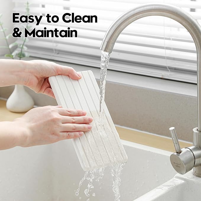 Diatomaceous Earth Sink Organizer Tray Set, 3-Pack Fast Drying Water Absorbing Stone Soap Holder Caddy for Kitchen & Bathroom Counter, Faucet Splash Guard, White (1pc of 8"x3.8" + 2pcs of 3.8"x3.8")