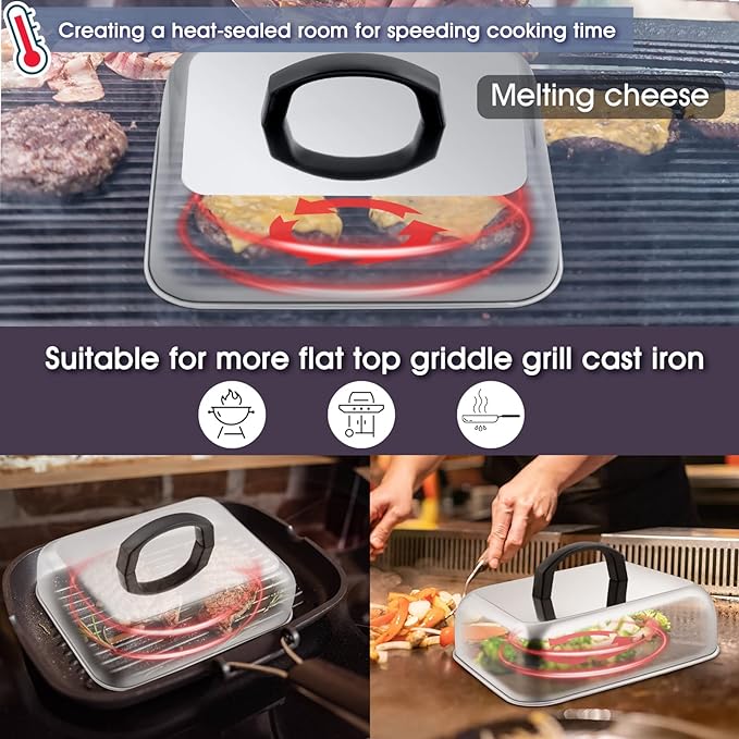 HaSteeL Cheese Melting Dome Set of 2, Stainless Steel Rectangular 9x7 Inch Basting Steaming Cover, Heavy Duty Metal Grill Dome for Flat Top Teppanyaki Barbecue Cooking Indoor/Outdoor, Dishwasher Safe