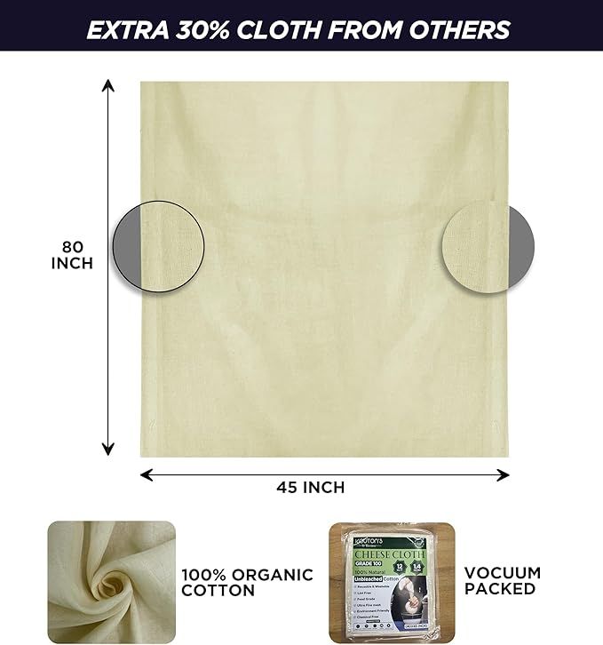 Raajsee Cheese Cloths Grade 100, 24 Sq Feet - 2.8 Sq Yards Unbleached 100% Organic Cotton Fabric - Reusable Ultra Fine Mesh Muslin Cloth - Cheesecloth For Straining Cooking,Baking,Cheese Making