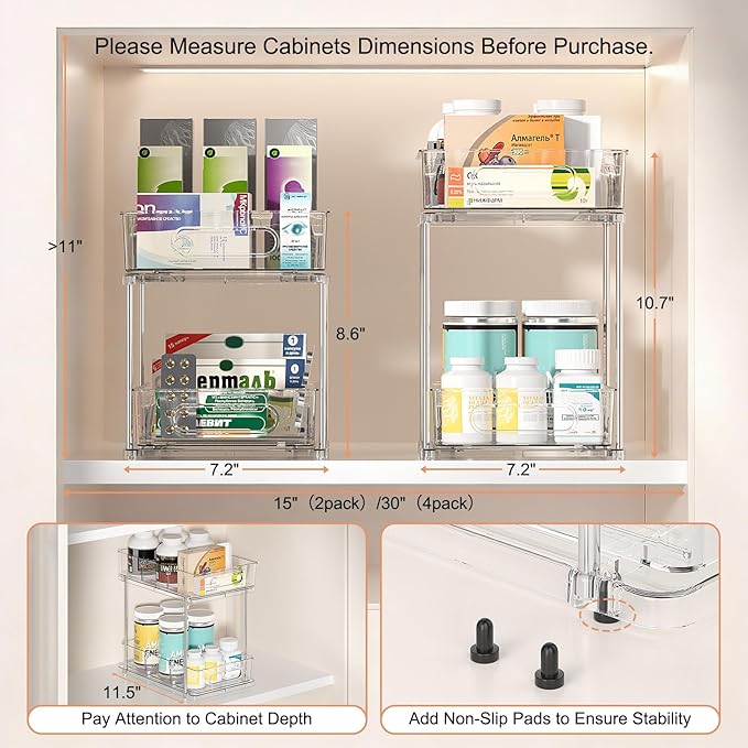Delamu Under the Sink Organizer, 2-Tier Snap-Lock Cabinet Drawers with Removable Adjustable Shelf, Under Sink Cabinet Organizer for Bathroom, Kitchen, Vanity & Every Household(Clear, 4 Pack)