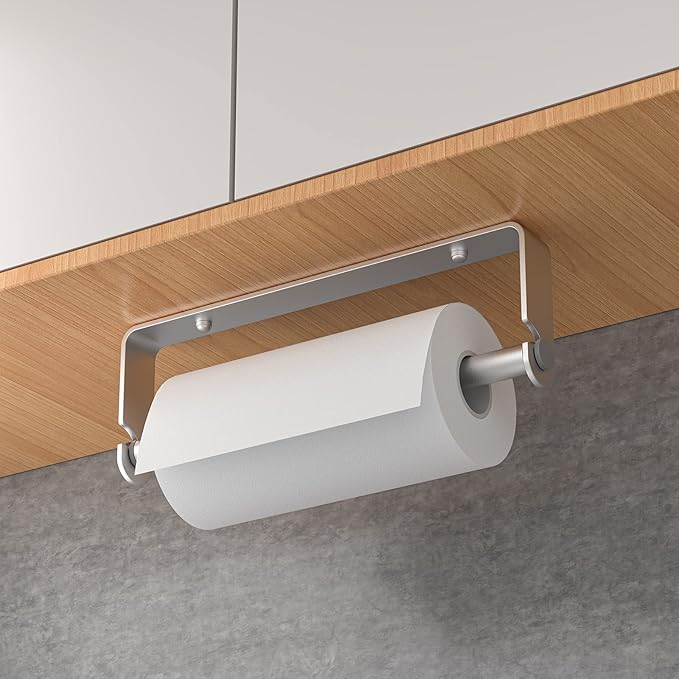 Under Cabinet Paper Towel Holder, Adhesive or Drill Mount Paper Towel Holder, Wall Mount Paper Towel Holders for Kitchen or Bathroom (Silver) 2 Pack