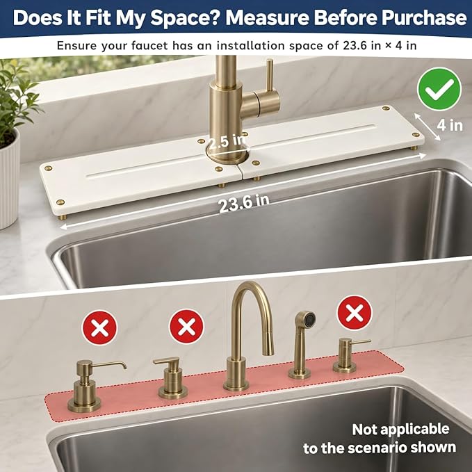Stone Faucet Mat for Kitchen Sink, Water Absorbing Sink Tray Organizer for Bathroom Counter, Diatomite Soap Dish Coaster Caddy Riser, Sponge Holder Dispenser Mat, Gold White 23.6" x 4"