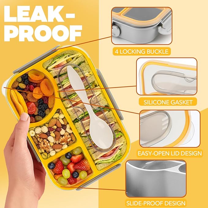 Bento Box for Adults,4 Compartments Lunch Box, Snack Containers Reusable Lunch Containers Drop-Proof, Dishwasher Safe & Made with BPA-Free Materials, Grey