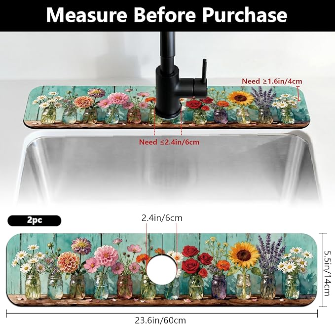 2 Pcs Kitchen Sink Splash Guard Faucet Mats Colored Glass Vases with Plants Pattern Faucet Mat for Sinks Roses Absorbing Drying Mat for Kitchen Bathroom, 23.6x5.5inch
