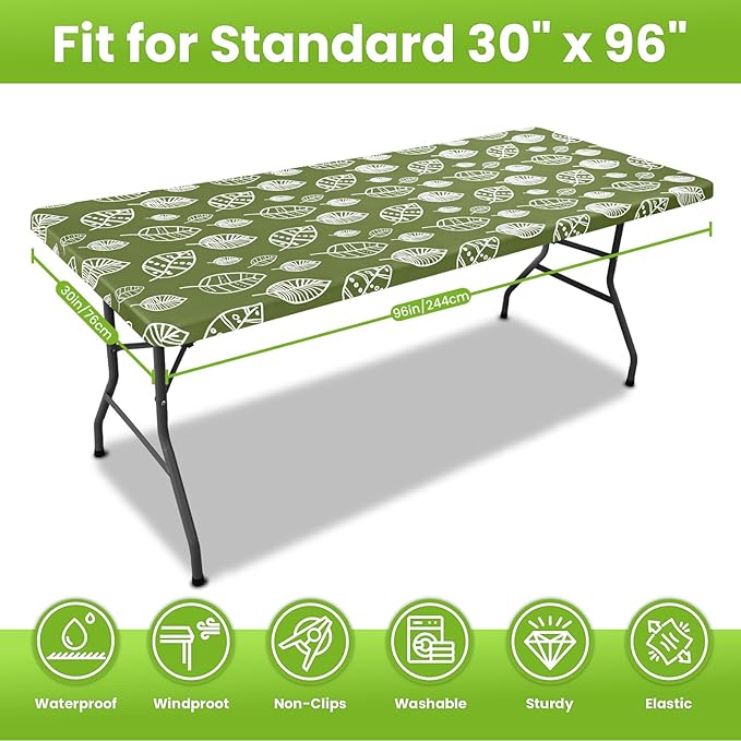 Smiry Spandex Fitted Tablecloth for 8 Foot Rectangle Tables, Washable Picnic Table Cover with Elastic, Stretch Reusable Table Cloth for Outdoor, Camping, Dining & Kitchen (Line Leaf, 30"x96")