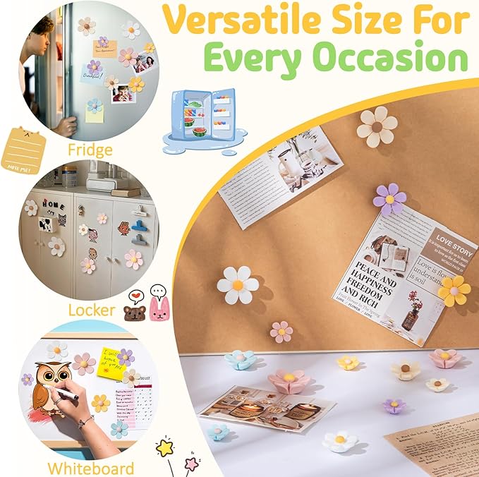 Homestheix - 3D Flower Magnets for Fridge 16 Pcs - Fridge Magnets Cute - Strong Refrigerator Magnet - Adorable Decorations for Office - Colorful Kitchen Decor - Cute Desk Accessories for Whiteboard