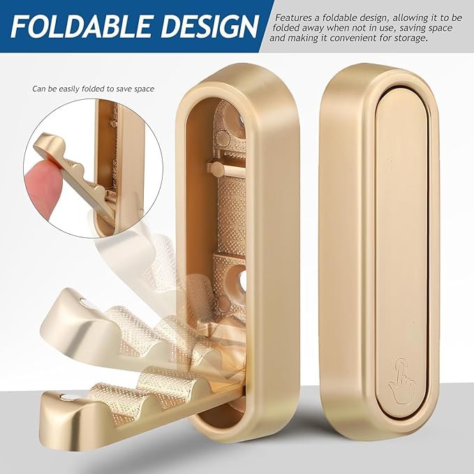 Gold Foldable Wall Hooks, Metal Foldable Hooks Wall Wount for Bathroom, Kitchen, Bedroom – Space-Saving, for Towels, Coats, Bags, Easy Installation (Gold, 1PCS)