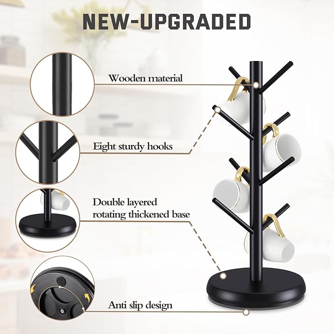 Mug Holder Tree,New Upgraded 360° Rotated 8 Hooks Coffee Cup Holder for Counter,Sustainable Wood Mug Rack Standing for Coffee Bar Accessories and Organizer Station(Black)