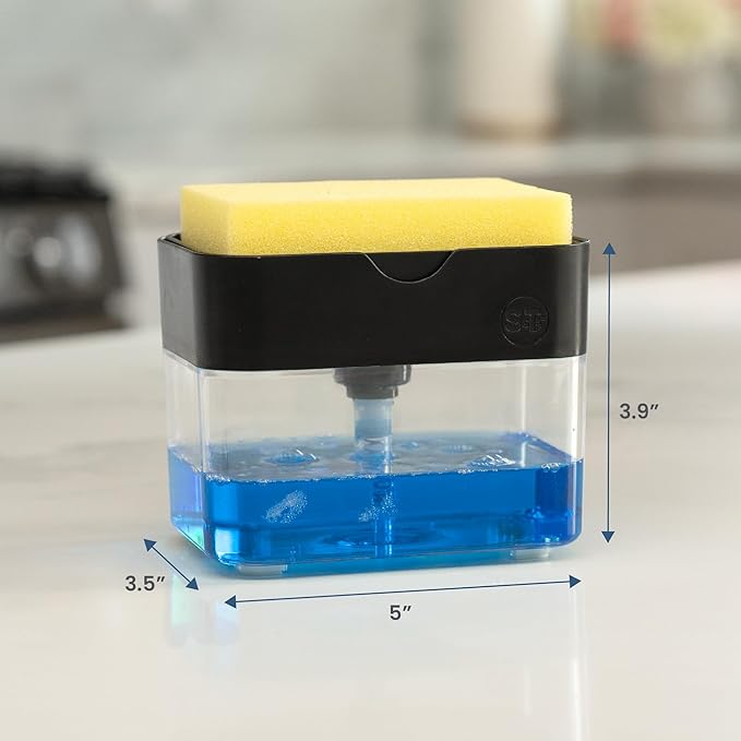 S&T INC. Dish Soap Dispenser and Sponge Holder for Kitchen Sink with Enhanced Features, Sponge Included, 13 Ounces, Matte Black