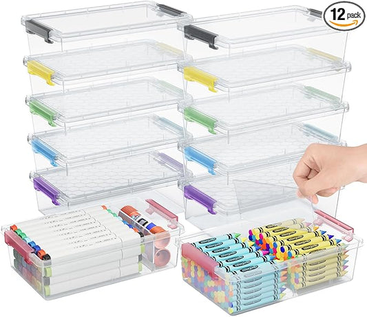 12 Pack Extra Large Pencil Box with Removable Divider, Thickened Pencil Case Bulk, Clear Crayon Marker Organizer Stackable Plastic Small Storage Containers for Pen Craft School Supplies, Multi