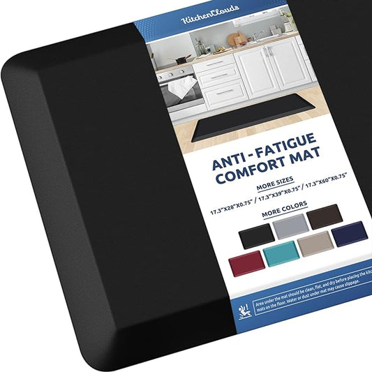 KitchenClouds Kitchen Mat Cushioned Anti Fatigue Kitchen Rug Non Slip Standing Mat Comfort Floor Mats for Sink Office (17.3"x39"- 0.8inch,Black)