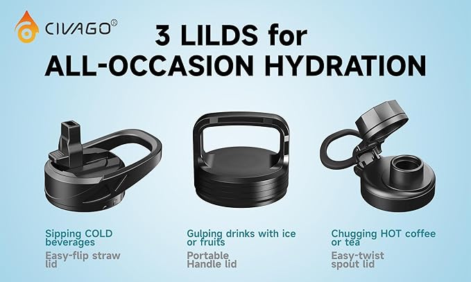 CIVAGO 64 oz Insulated Water Bottle With Straw, Half Gallon Stainless Steel Sports Water Flask Jug with 3 Lids (Straw, Spout and Handle Lid), Large Metal Thermal Cup Mug, Midnight Black