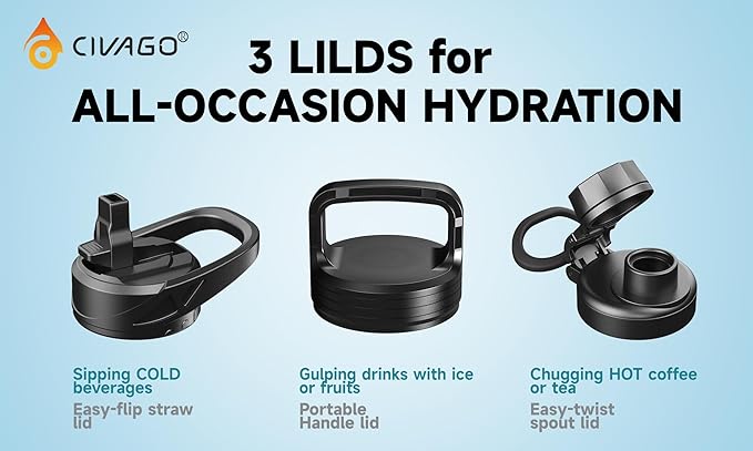CIVAGO 22 oz Insulated Water Bottle With Straw, Stainless Steel Sports Water Flask Cup with 3 Lids (Straw, Portable Spout and Handle Lid), Double Walled Travel Thermal Canteen Mug, Dark Rainbow