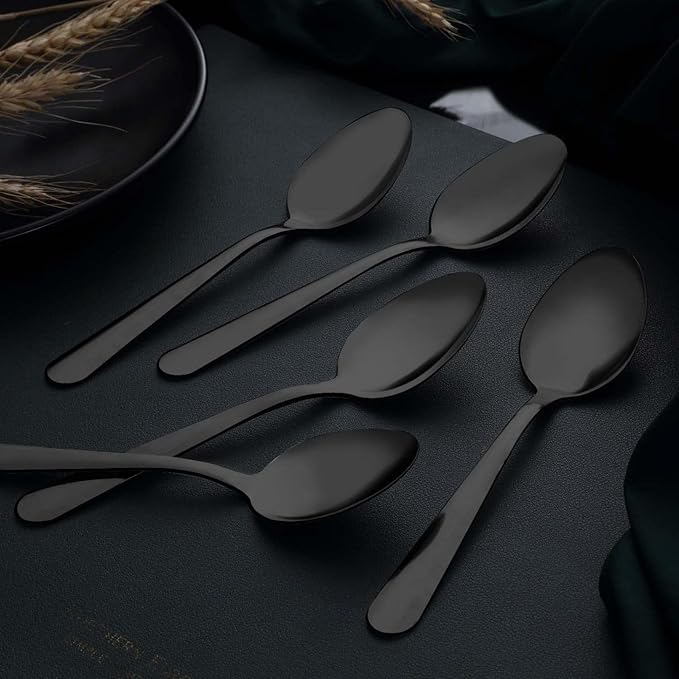Unokit 24-Piece Tea Spoons Set Silverware - 7.4 inch Stainless Steel Spoon, Dessert, Table, Silverware Spoons Only for Home, Kitchen or Restaurant - Mirror Polished, Dishwasher Safe, Black