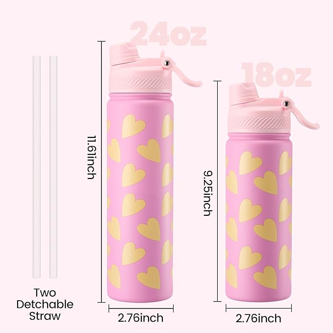 Fijinhom 18 oz Insulated Water Bottle, 2-in-1 Straw and Spout Lid Stainless Steel Thermos, Leak-Proof, Double Wall Vacuum Flask, Keep Cold 24H for Outdoor, Sports, Travel, School (Heart)