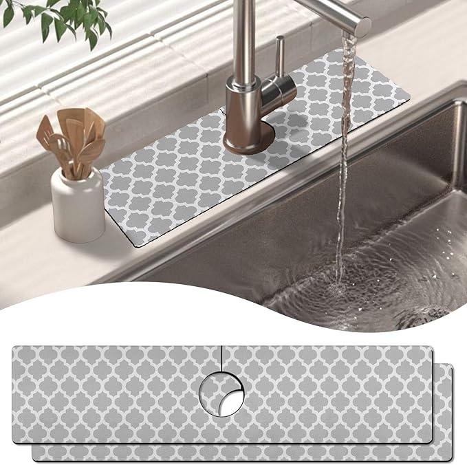 2 Pack Kitchen Sink Splash Guard Faucet Mat 24" X 5.5" Geometry Absorbent Fast Drying Mat Faucet Draining Mat Sink Splash Guard Behind Faucet Drip Catcher for Kitchen Bathroom