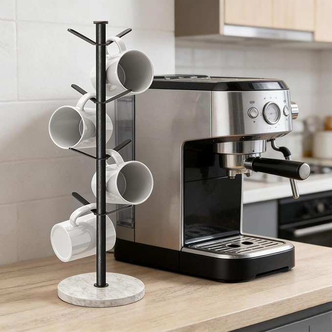 Gypie Marble Mug Holder Tree, 8 Hooks Coffee Cups Stand, New Upgraded Stable Mug Stand for Kitchen Counter Cabinet Cafe Black