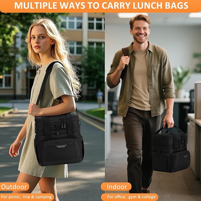 Vankor Lunch Box for Men Women, Large Double Layer Insulated Lunch Bag Tote Expandable Leakproof Waterproof Cooler Bag with Adjustable Shoulder Strap for Work Office Picnic Travel, Black