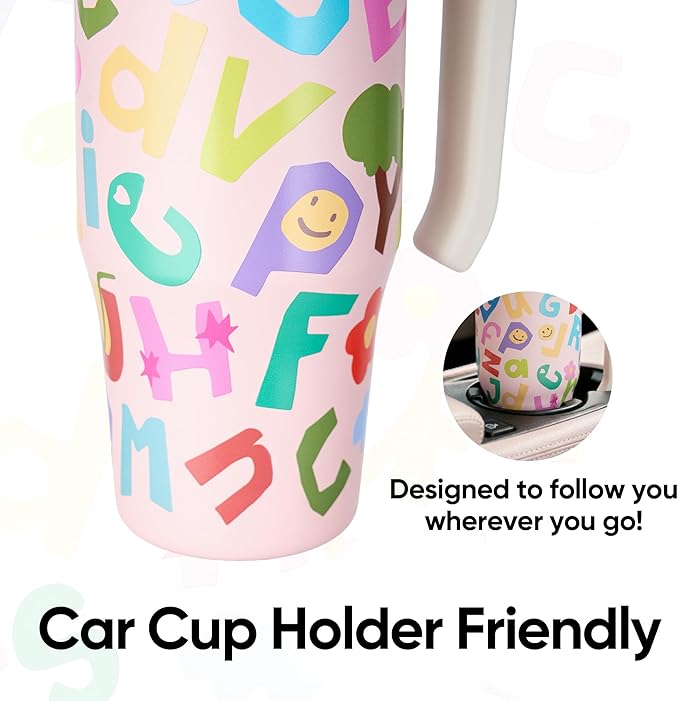 Fijinhom 25 oz Insulated Tumbler with Handle, Stainless Steel Insulated Water Bottle Coffee Mug with Straw, Coffee Cups, Cute Water Bottle for Sports, Travel, Lunch, Rosy Letter Crew