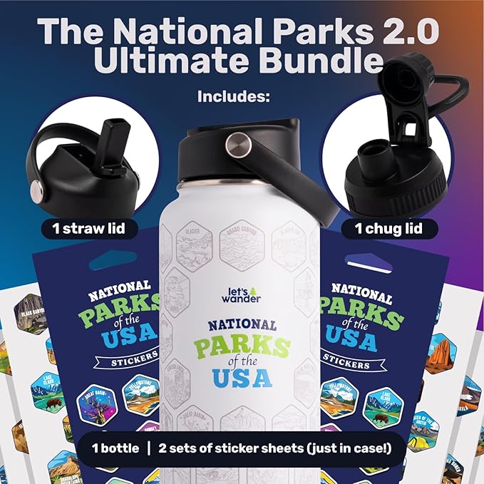 LET'S WANDER National Parks Water Bottle 2.0 Ultimate Bundle | Includes Straw Lid, Chug Lid & 2 Sets of 63 Waterproof Stickers | 32oz Leakproof Insulated Stainless Steel Gift Pack (White)