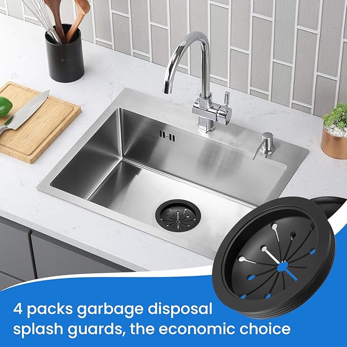 Aifeier ET 4Pcs Black Garbage Disposal Splash Guard, 3-1/8 Inch Food Waste Sink Baffle, Disposal Sink Accessories for Waste-King, Whirl-away Models