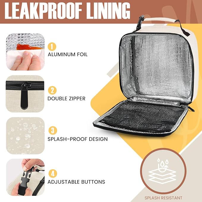 Lunch Bag for Men/Women, Reusable Lunchbox for Adult, Small Insulated Lunch box, Lunch Tote Bag for Office, Work, Picnic - Beige White