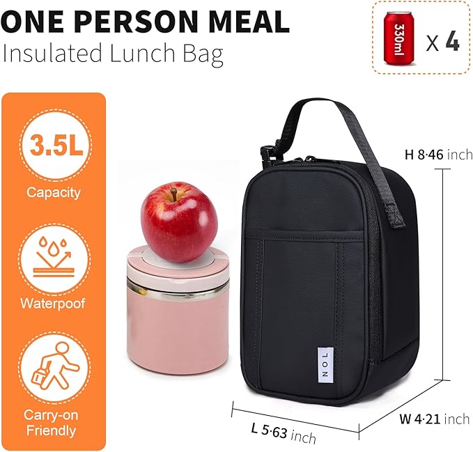 NOL Natural Organic Lifestyle Insulated Lunch Bag for Adult - Snack Bag Lunch Cooler Bag Soft Lunch Tote Bag for Work, Black