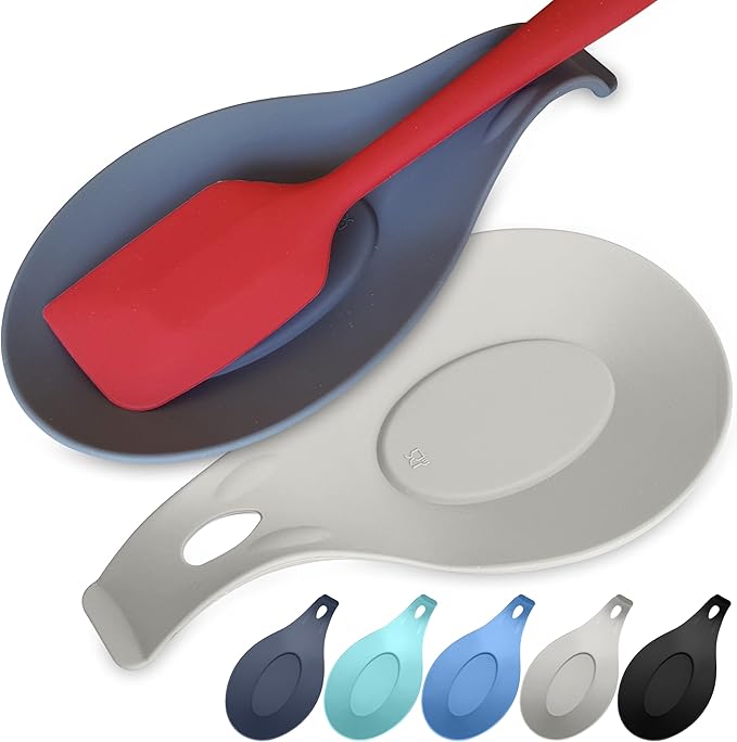 Silicone Spoon Rest for Stove Top Set of 2 – HEAT RESISTANT DISHWASHER SAFE Kitchen Utensil Holder for LARGE Utensils - Won’t Break - Non-Slip - Ideal for Glass & Induction Cooktops - for Home Cooks