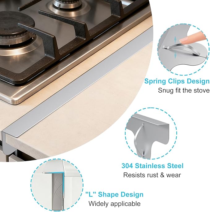 Stove Gap Covers - 304 Stainless Steel Oven Side Gap Filler, 2 Pack Stove Gap Filler - Length 23.4" Width 0.79", Spring Clip Design Fitting Gap Strong Guard Between Stove Top & Counter - Silver