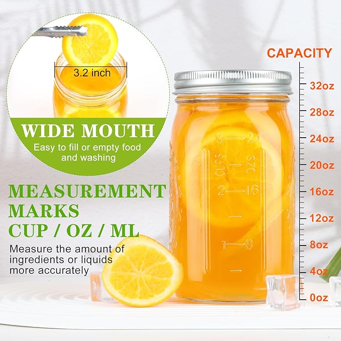 Wide Mouth Mason Jars 32 oz, 6 Pack Quart Canning Jars with Airtight Lids and Bands, Clear Glass Mason Jars for Canning, Pickling, Preserving, Meal Prep