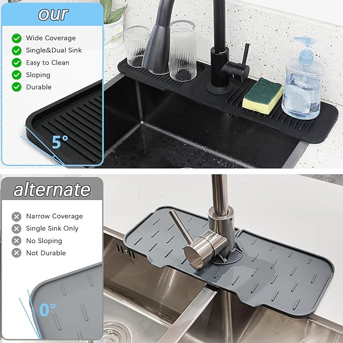 Silicone Sink Splash Guard Mat with Slanted Design,24*5.5 Inch Large Non-Slip Base,Multi-Surface Protector for Kitchen,Bathroom,Laundry,RV,Easy Clean Water Deflector Accessory(black)