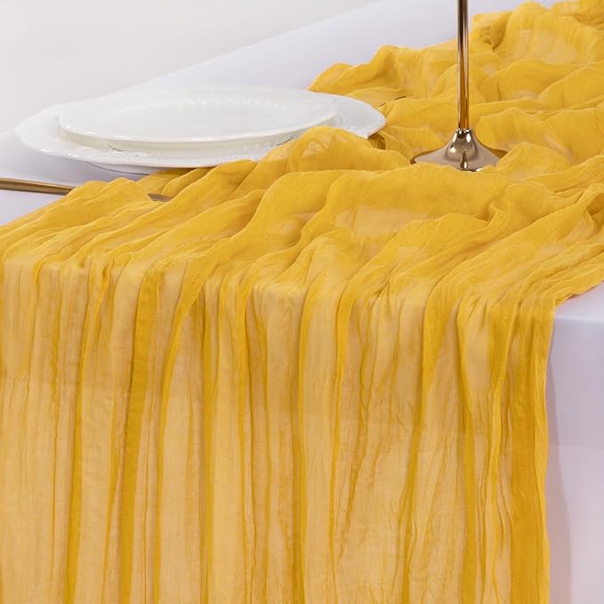 Socomi 6pcs Gold Yellow Summer Cheesecloth Table Runner Boho Rustic Gauze 120 inch 10FT Cheese Cloth Sheer Runner for Wedding Party Baby Shower Birthday Home Decor Holiday Decorations