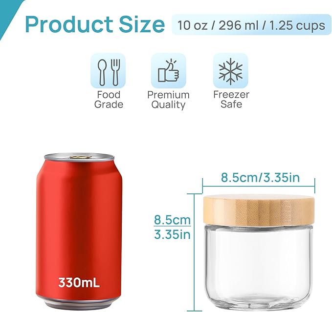 Vtopmart 4 Pack 10oz Glass Overnight Oats Containers with Bamboo Lids, Portable Wide Mouth Glass Jars Leak-proof, Reusable Food Storage Containers for Meal Prep, Jam, Sauce, Salad Dressing, and Snacks
