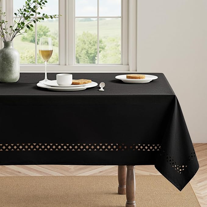 MIULEE Black Rectangle Linen Polyester Tablecloth with Decorative Cutouts Spring Waterproof Stain Resistant & Shrink-Proof Table Cloth 60x104 inch Farmhouse Style for Dining Wedding and Outdoor