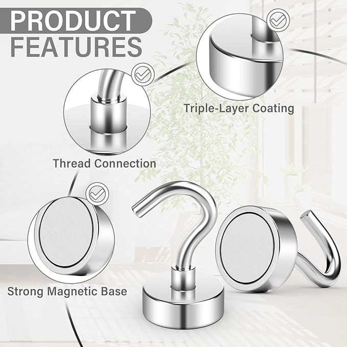 100Pack Heavy Duty Magnetic Hooks, 30 lbs Strong Neodymium Magnet Hooks for Hanging Mugs, Magnetic Key Holder for Fridge, Magnet with Hook for Cruise, Grill, Fridge - Silver