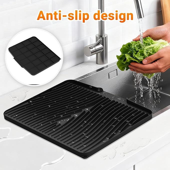 Silicone Dish Drying Mat for Kitchen Counter, Non-Slip Drain Pad, Dish Drying Pad, Easy to Clean Dish Rack Pad, Multi-Use as Heat Resistant Trivet, 19.7" x 17" , Black