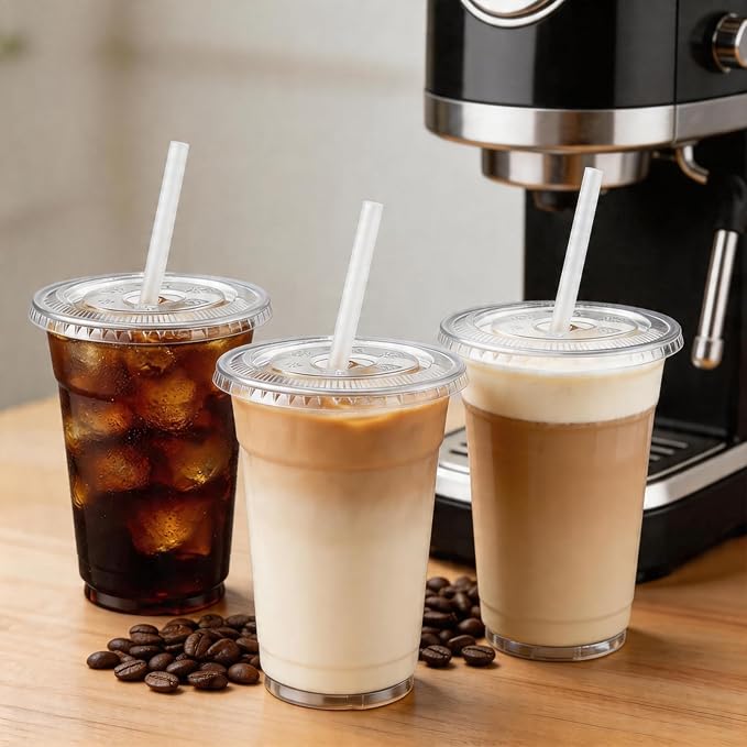 100 Pack 24 oz Plastic Cups with Lids and Straws, Clear Disposable Plastic Cups, Heavy Duty Iced Coffee Cups with Leak-Resistant Lids, Cold Drink Cups for Smoothies, Juice, Soda & Party To Go