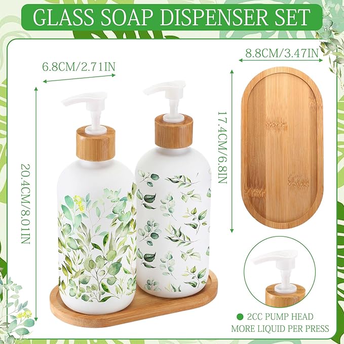 Potchen 2 Pack Glass Soap Dispenser Set Bathroom Decor Housewarming Gift Glass Soap Dispenser with Pump Wood Tray Home Decoration for Kitchen Bathroom (Eucalyptus)